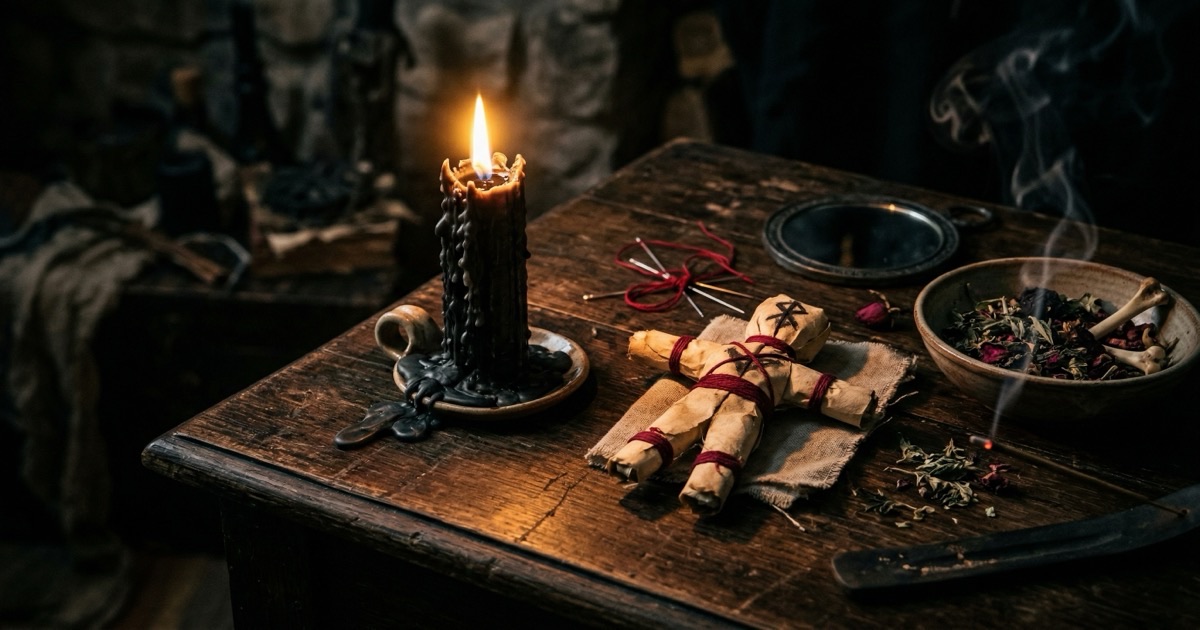 打小人咒語儀式道具——暗色桌面上整齊排列著紙人、舊鞋、香燭和百解符,燭光映照出紅金光芒,煙霧繚繞中充滿神秘的民俗氛圍