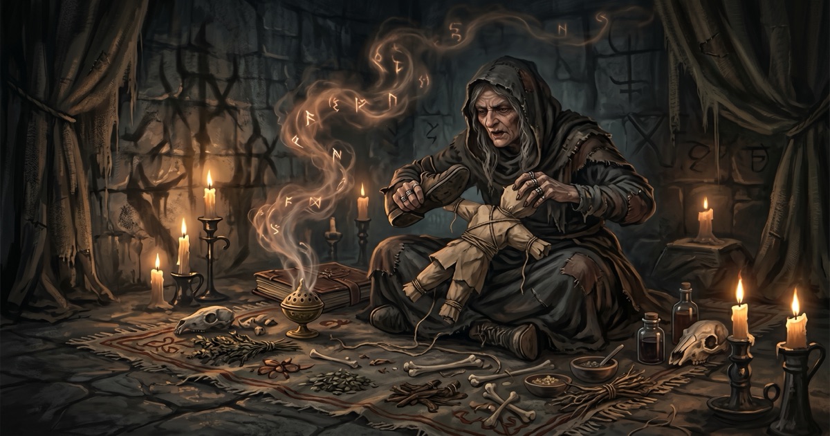 打小人咒語儀式的特寫——一雙舊鞋拍打紙人,香煙繚繞中紙人上寫著小人的信息,燭光映照出金色火花,背景是模糊的百解符和冥鏹