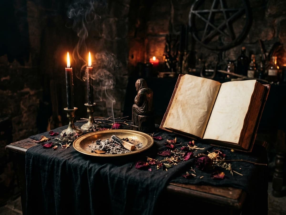 A black magic altar table seen from a low angle — black cloth, two tall burning candles, a shallow brass dish of ash, a small carved figure turned away, an open book with blank pages and scattered dried petals, wreathed in faint smoke under crimson and amber light