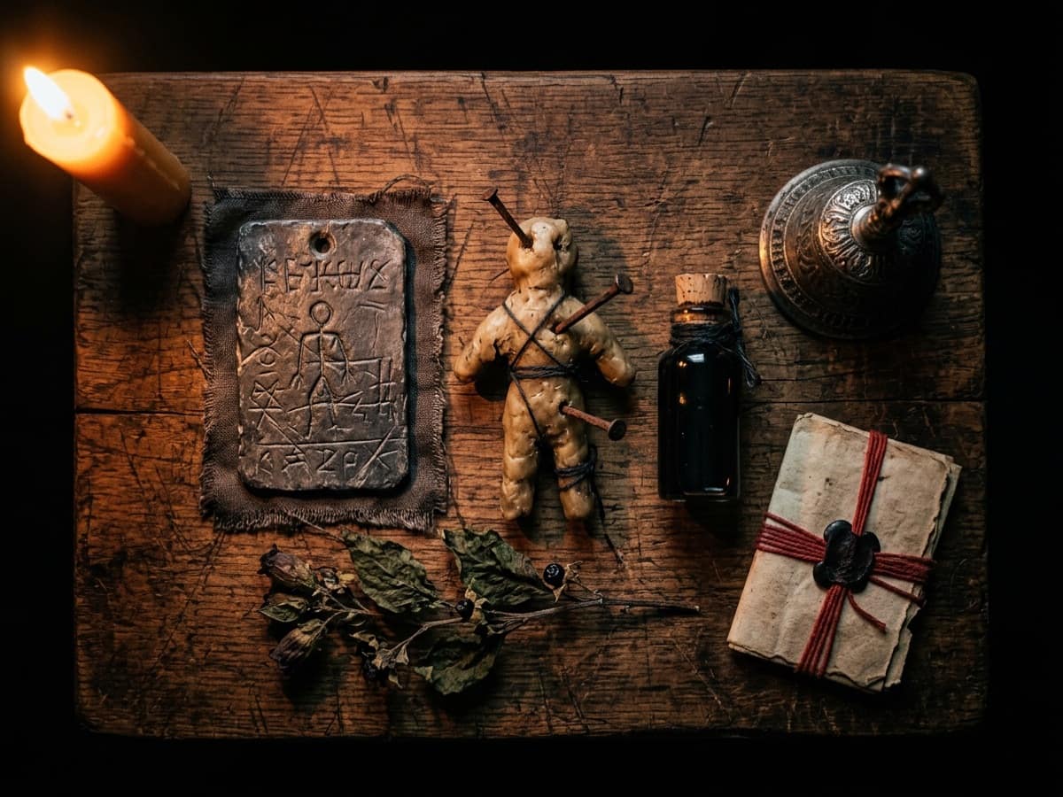 Black magic artifacts laid out on a scarred wooden table — an incised lead curse tablet on rough cloth, a wax poppet bound with cord and pierced by iron pins, a corked vial of dark liquid, a dried nightshade sprig and a red-threaded paper packet, lit by a single candle at the edge
