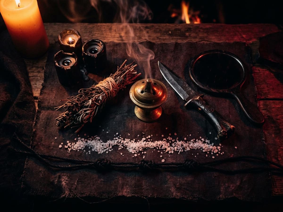 A practitioner's black magic items arranged on dark cloth — three black candle stubs, a bound bundle of dried herbs, a smoking brass censer, a bone-handled knife, a mirror turned face-down, a broken line of coarse salt and a triple-knotted black cord in warm amber light