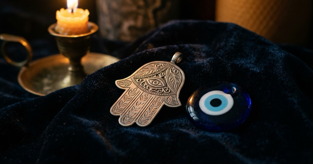 A silver hamsa hand pendant and a blue nazar bead resting together on dark velvet, candlelight tracing the hand's engraved lines and the glass eye's concentric rings — two complementary evil eye protection amulets side by side