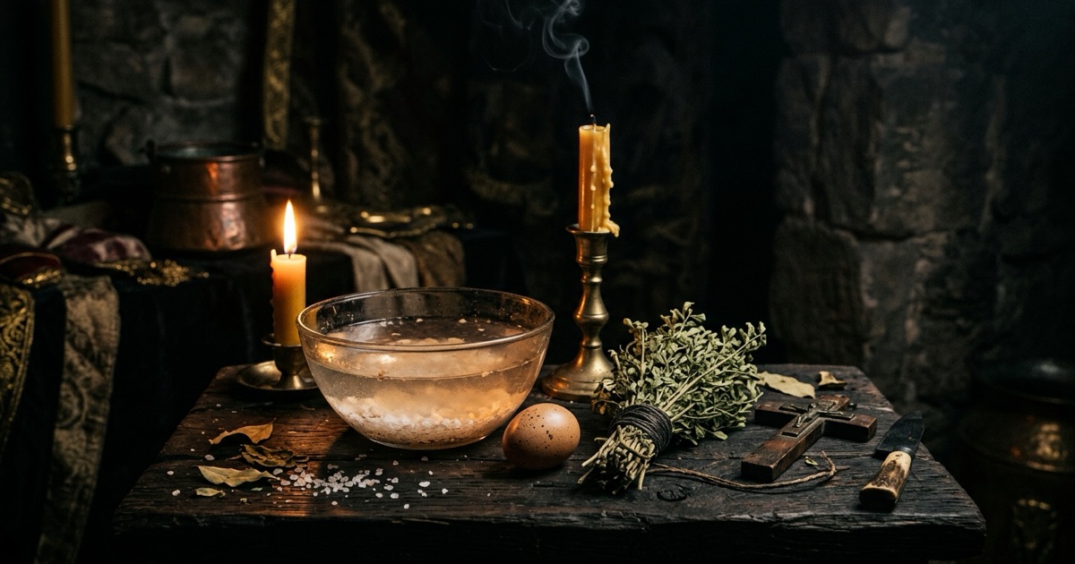A cleansing ritual laid out on a dark altar — a glass bowl of salted water, a raw egg, and a bundle of dried rue beside a burning candle, thin smoke curling upward, the traditional tools for drawing out the evil eye