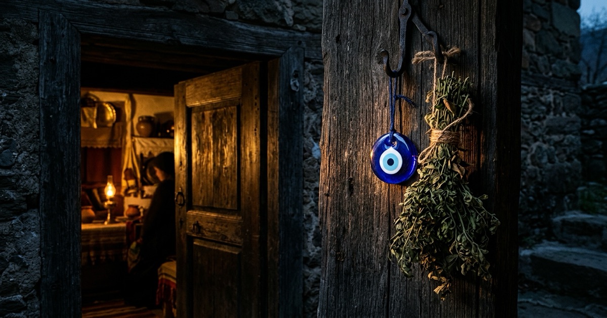 A blue nazar bead and a bundle of dried rue herb hung beside a wooden doorway at dusk, warm light spilling from inside, a traditional home protection against the evil eye
