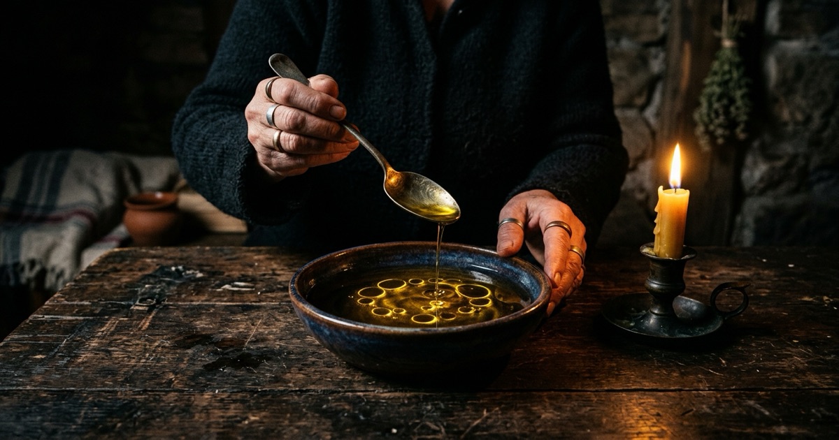 A hand dripping golden olive oil from a spoon into a bowl of water on a dark wooden table, candlelight catching the spreading oil, a folk ritual for diagnosing the evil eye