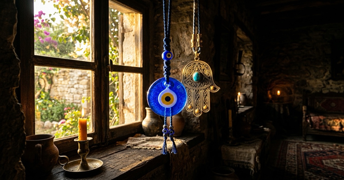 A single blue nazar bead hanging in a sunlit window beside a hamsa charm, both catching golden light against a dark interior, everyday guardians watching the threshold