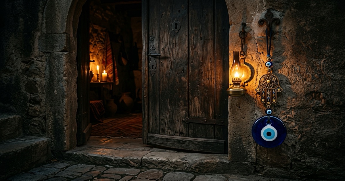 A blue nazar and a hamsa hand hung together beside a doorway in warm evening light, the two most common evil eye symbols guarding the threshold of a home