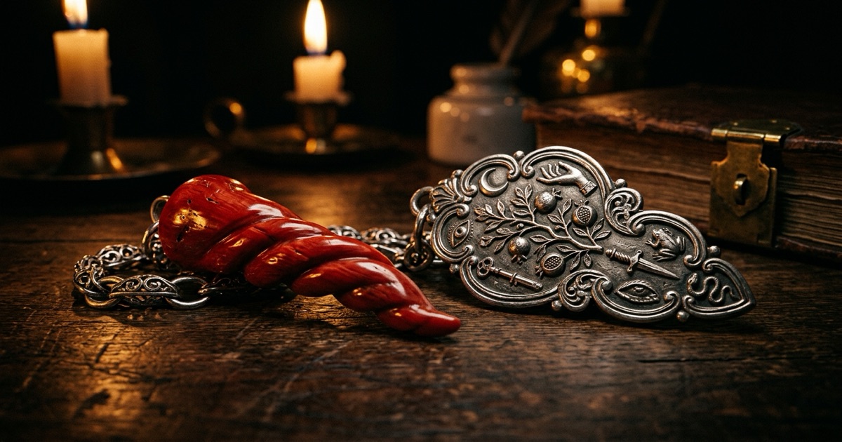 A twisted red coral cornicello horn and an ornate silver cimaruta charm resting on aged dark wood, warm light catching the coral's polish and the silver's engraved detail