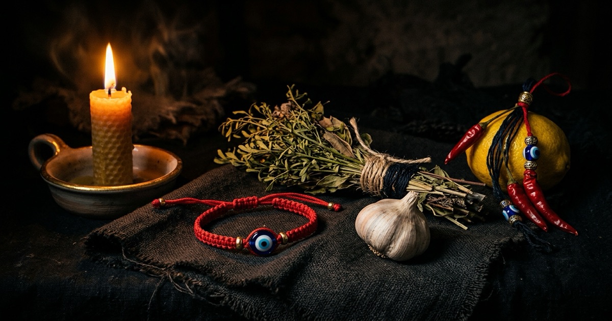 Assorted evil eye protection charms on dark cloth — a red string bracelet, a bundle of dried rue, a garlic bulb, and a lemon strung with red chilies — lit by low warm candlelight against deep shadow