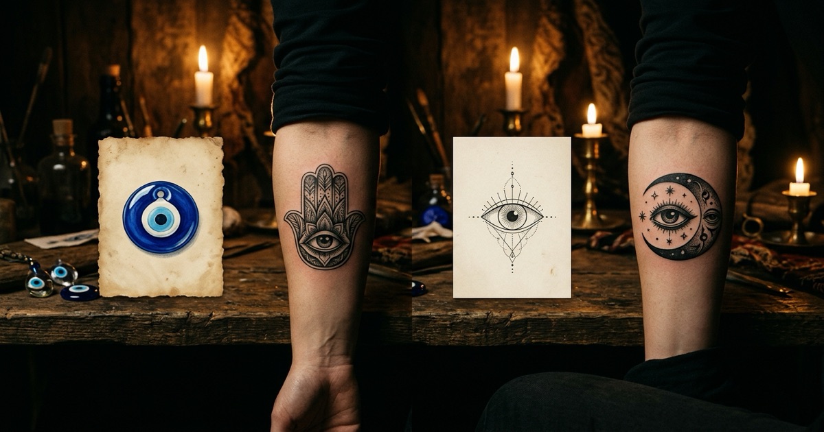 A row of evil eye tattoo designs shown on paper and skin — a classic blue nazar, a hamsa with an eye in the palm, a fine-line minimalist eye, and an eye paired with a crescent moon — against a dark studio backdrop in warm light