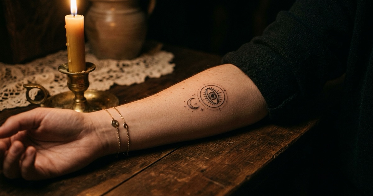 A minimalist fine-line evil eye tattoo on an inner forearm paired with a small crescent moon, healed and softly lit, an example of a discreet everyday protection design