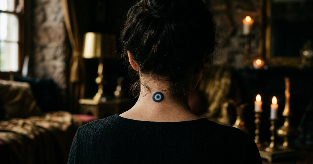 A healed blue evil eye tattoo on the back of a neck below the hairline, the concentric eye catching soft daylight, a permanent guardian watching the wearer's blind spot