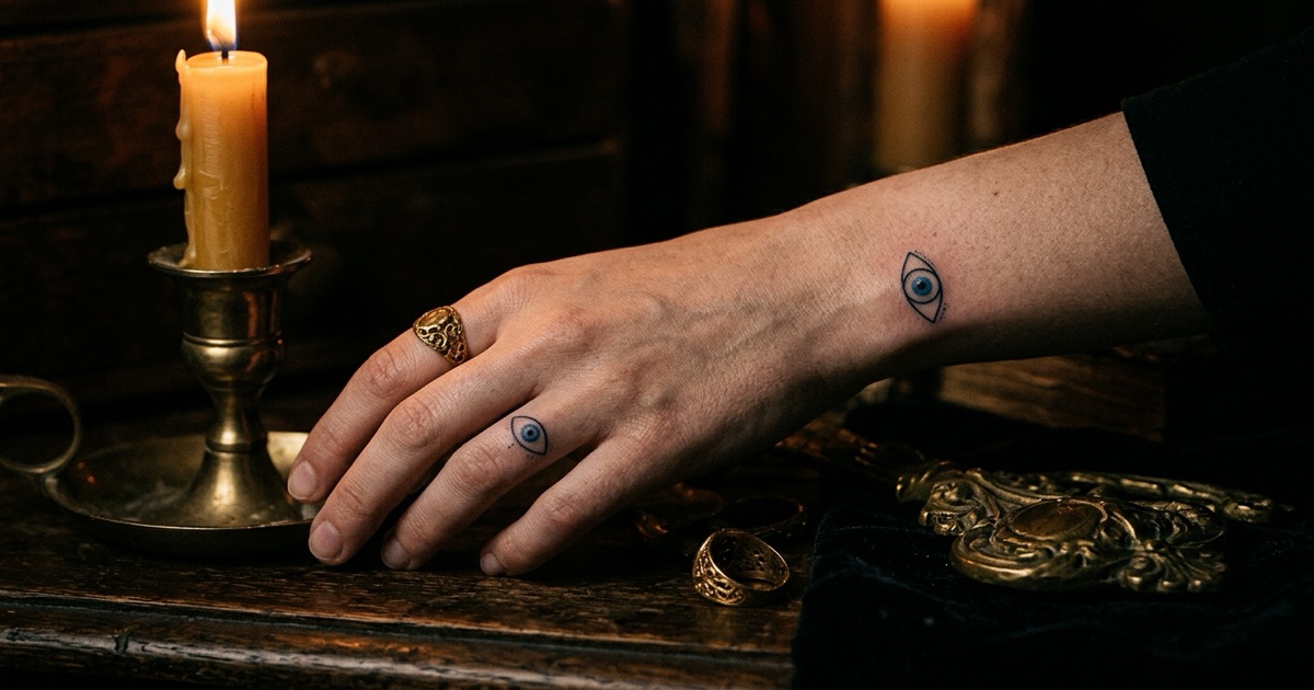 A small blue evil eye tattoo on the inside of a wrist and another on a finger, delicate fine-line work photographed in soft warm light against a shadowed background