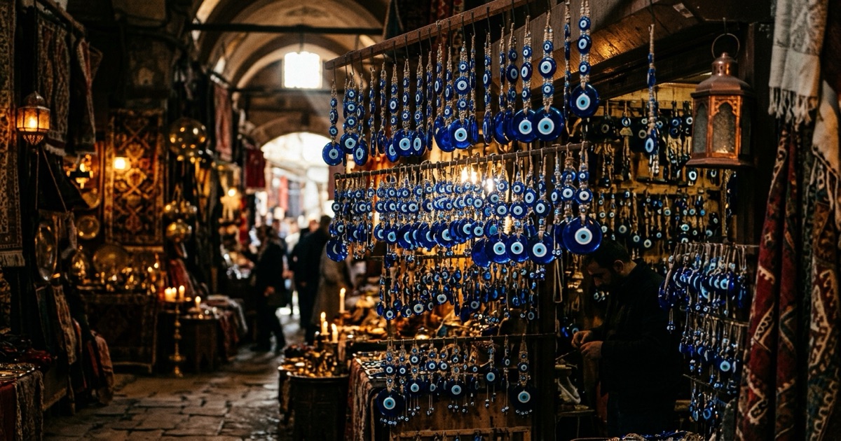 Rows of blue Turkish nazar beads hanging in a sunlit bazaar stall, hundreds of glass eyes catching the light, the heart of the world's most widespread evil eye tradition
