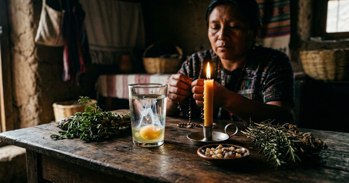 A Latin American mal de ojo egg-cleansing ritual — a raw egg cracked into a glass of water beside a lit candle and dried herbs on a dark wooden table, the curandero's cure for the evil eye