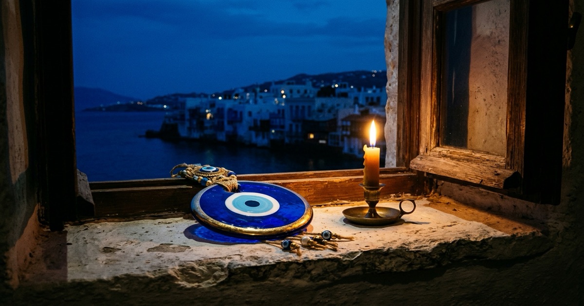 A blue Greek mati eye charm resting on a whitewashed Aegean windowsill at dusk, the glass eye catching warm lamplight against the deep blue of the evening — the Greek evil eye tradition