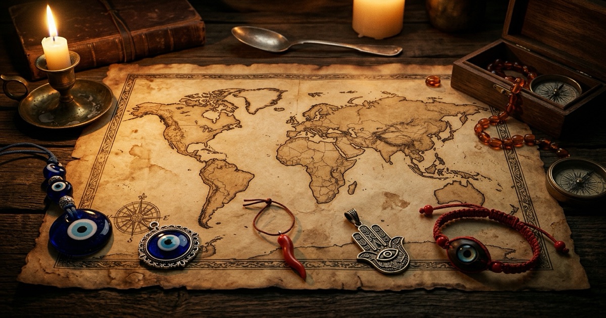 A world map surrounded by evil eye amulets from different cultures — a blue Turkish nazar, a Greek mati, an Italian cornicello, a Jewish hamsa, and a Mexican red bracelet — arranged on dark aged parchment in warm candlelight