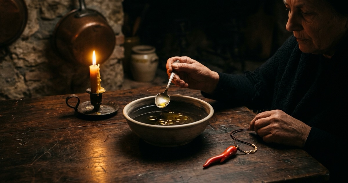 A bowl of water with drops of olive oil on its surface beside a red coral horn charm on a dark Italian kitchen table, warm candlelight — the malocchio diagnosis ritual