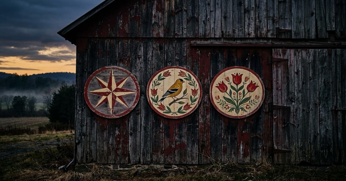 Weathered Pennsylvania Dutch barn wall at dusk with three painted circular hex signs — an eight-pointed compass rosette, a yellow distelfink goldfinch ringed with tulips, and a symmetrical tulip arrangement — peeling red and cream paint on grey timber under low amber light