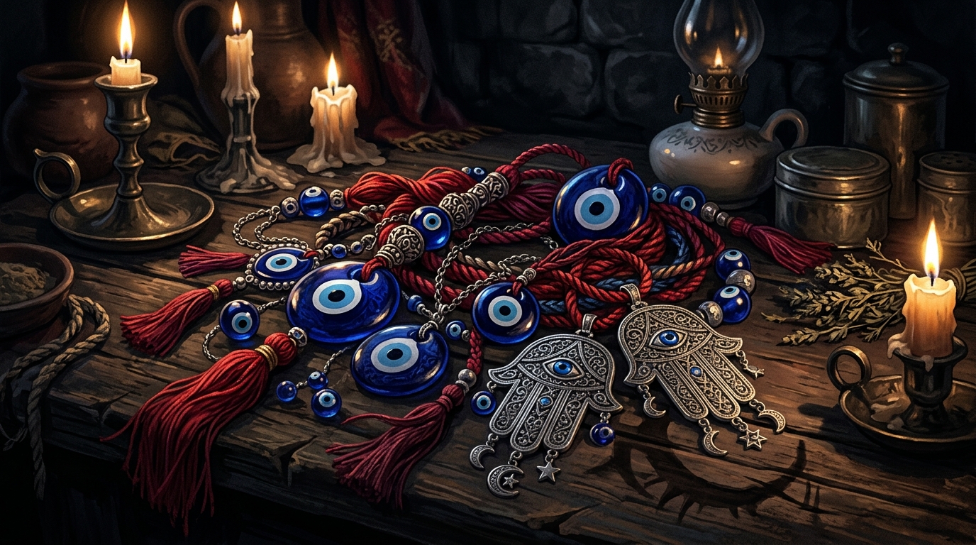 Evil eye jewelry and nazar beads arranged on a dark surface with candlelight — deep blue glass, red threads, and silver hamsa pendants casting shadows