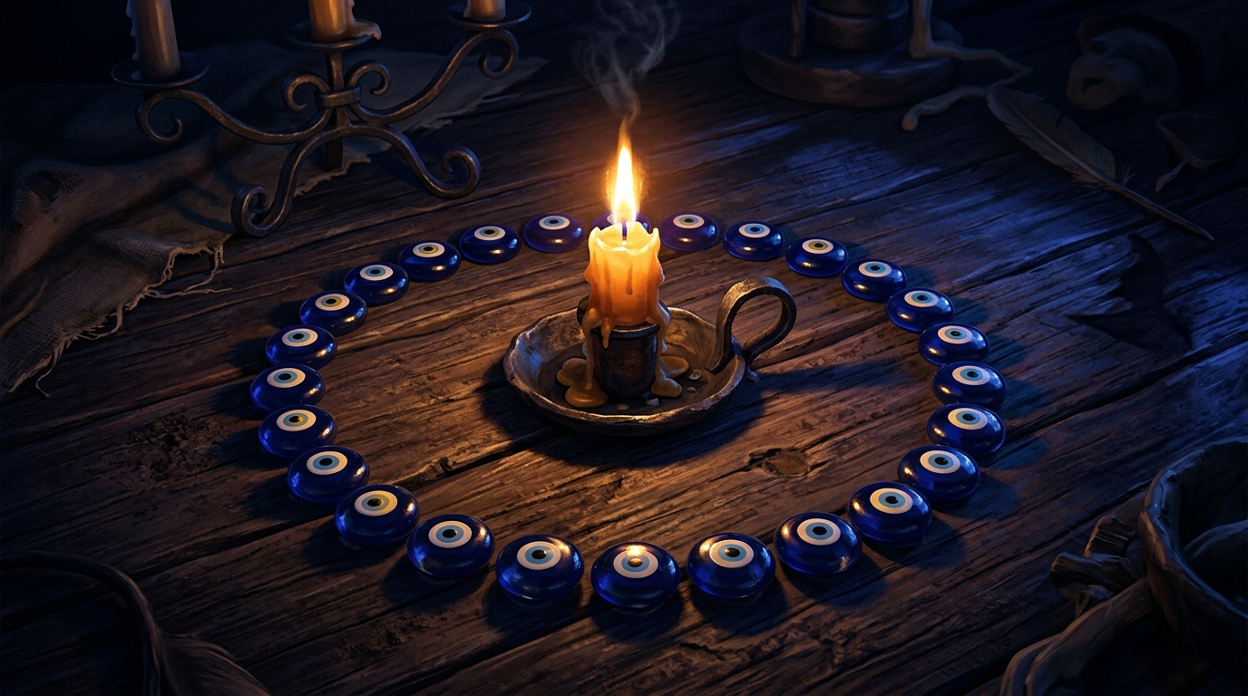Blue nazar glass beads arranged in a circle around a flickering candle on dark wood — deep blue and amber lighting with shadow patterns