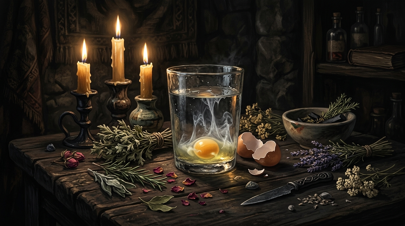 Egg cleansing ritual on a dark surface — cracked egg in a glass of water, candlelight, and dried herbs arranged around it with deep shadows