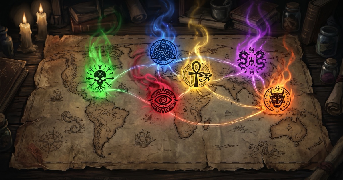 六大诅咒传统的全球地图——暗色系插画,地图上标示六个传统的起源地,每个地点用不同的神秘符号和颜色标记,背景是古老的羊皮纸纹理和蜡烛光影