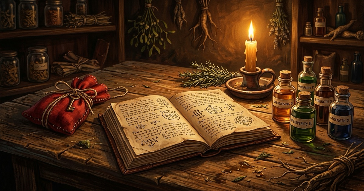 A Hoodoo rootwork table in warm amber light — worn wooden surface with open grimoire showing handwritten Psalm entries, small glass bottles of condition oils in amber and green, a beeswax candle burning beside a sprig of dried rosemary, and a red flannel mojo bag tied with twine; no theatrical or horror elements