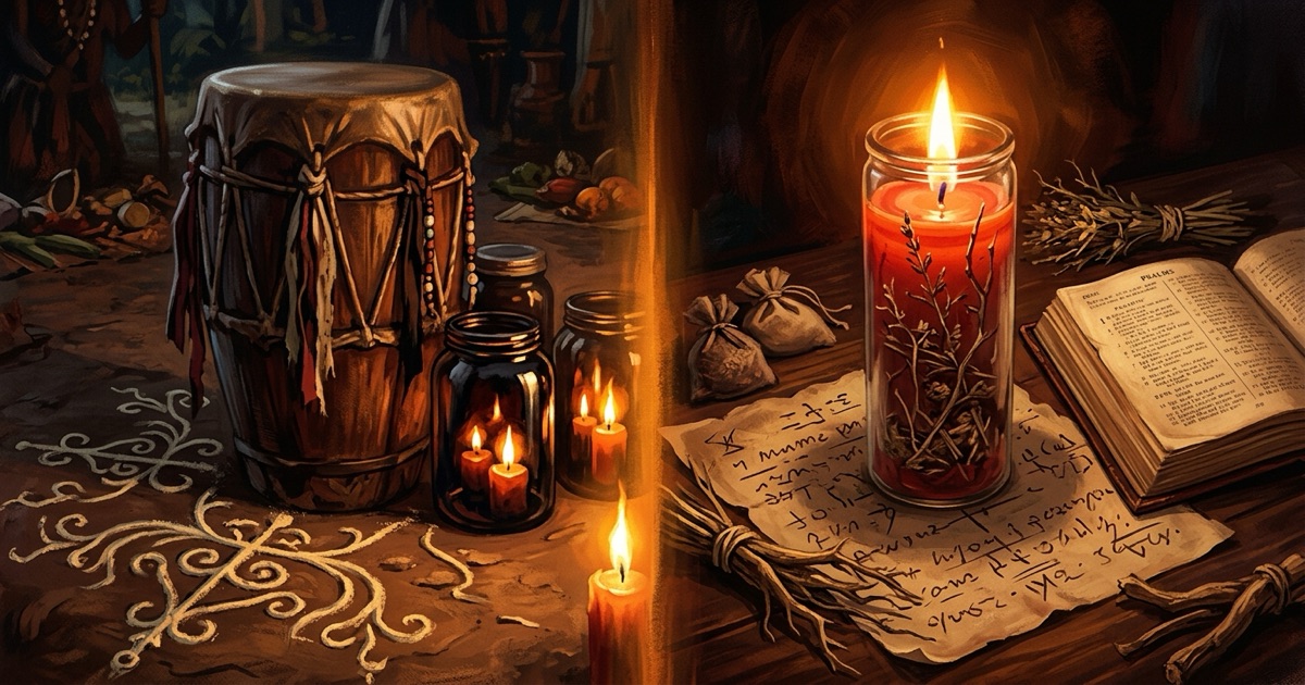 Split composition — left: a Vodou ceremony drum with veve drawn in cornmeal at its base, candle flames reflected in dark glass; right: a Hoodoo seven-day candle fixed with herbs and burning on a name paper beside an open Bible showing the Psalms. Warm amber light bridging both halves, emphasizing the shared ritual DNA beneath different forms