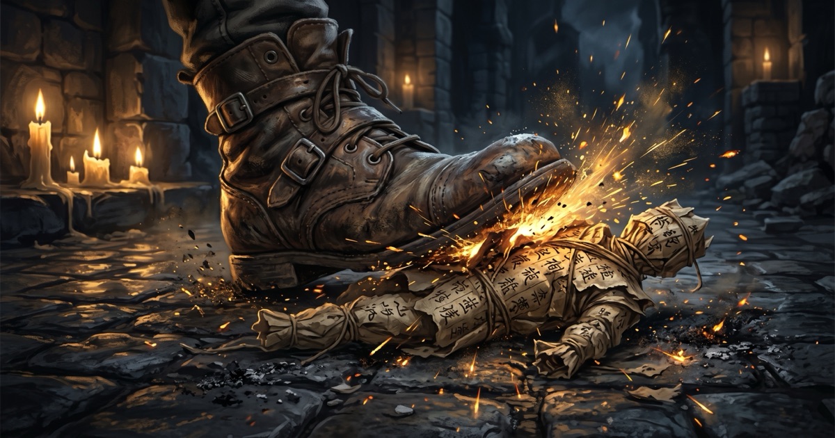 紙人拍打特寫——舊鞋撞擊紙人的瞬間,金色火花和塵埃飛散,紙人上的墨跡在燭光下若隱若現,石頭地面映照著火焰的倒影