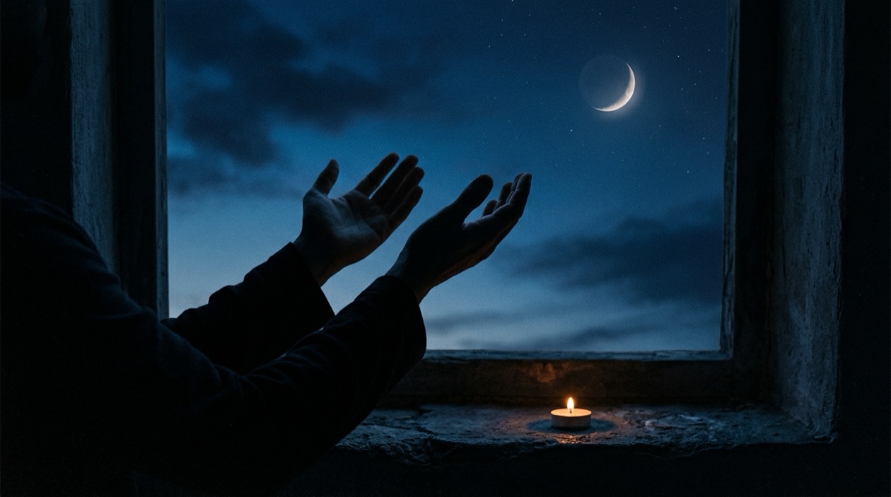 Silhouette of raised hands in supplication against a deep blue night sky with a thin crescent moon, a single candle burning low on a windowsill below — quiet, cold light with one warm point