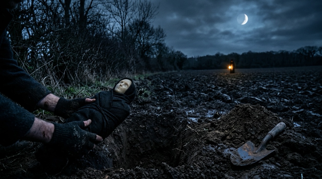 A wax figure wrapped in black cloth being buried at the edge of a field at night under a waning crescent moon — cold blue moonlight over freshly turned earth