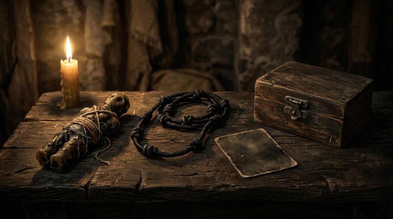 Arrangement of hex vessels on aged wood: a rolled beeswax figure, a black knotted cord, a face-down photograph, and a small closed box — dramatic candlelight from the left, deep shadows