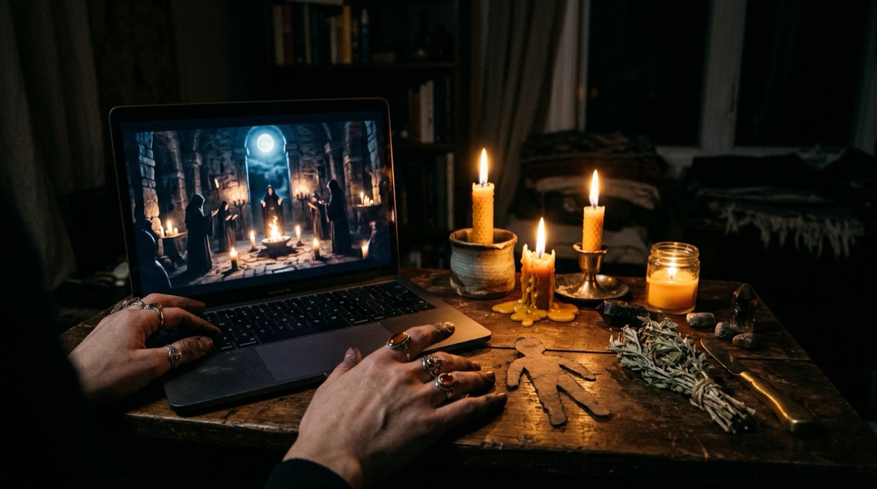 Hands at a desk performing a digital ceremony at night: a laptop screen glowing with a candlelit ritual scene, real candles burning beside the keyboard — dark room, warm flame