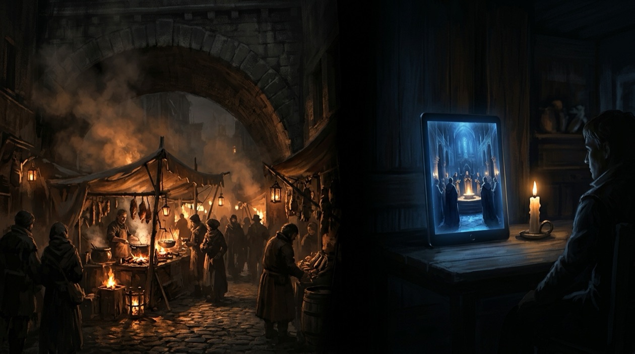 Split scene comparing a flame-lit street stall beneath a stone arch at night with a dark room lit by a glowing screen and a single candle — warm oranges on one side, cold blue light on the other