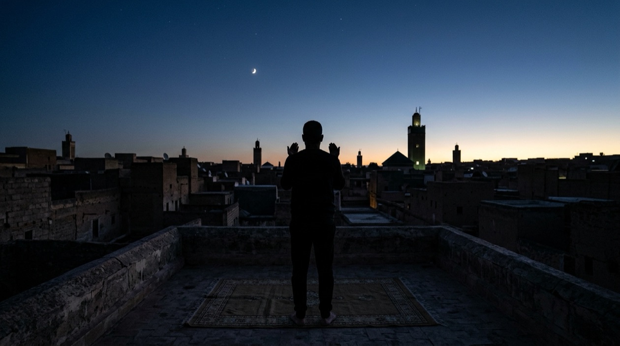 A lone worshipper standing in prayer on a rooftop terrace at dawn, full silhouette against a deep indigo sky with a thin crescent moon, distant minaret silhouettes and one line of pale gold on the horizon