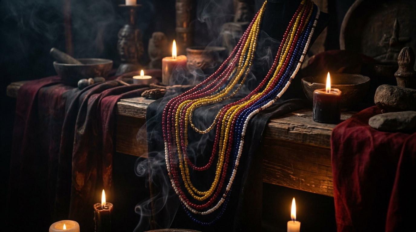Santeria ritual necklaces of different colors representing various orishas Collares rituales de santería de diferentes colores representando a distintos orishas