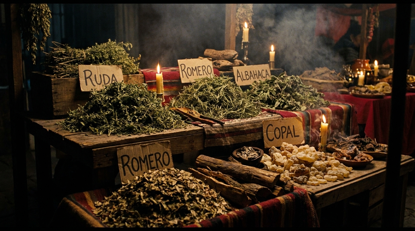 Traditional Mexican medicinal herbs arranged at a market: rue, rosemary, basil, and copal Hierbas medicinales tradicionales mexicanas dispuestas en un mercado: ruda, romero, albahaca y copal