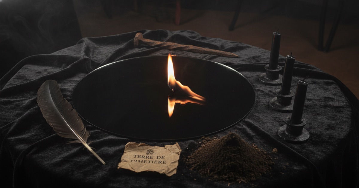 Miroir d'obsidienne pour la divination — détection des malédictions avec plume de corbeau et bougies noires Miroir de divination en obsidienne noire sur tissu sombre — la surface reflète une flamme de bougie déformée, objets rituels autour : plume de corbeau, trois bougies noires à différentes hauteurs, petit tas de terre de cimetière, clou en fer rouillé