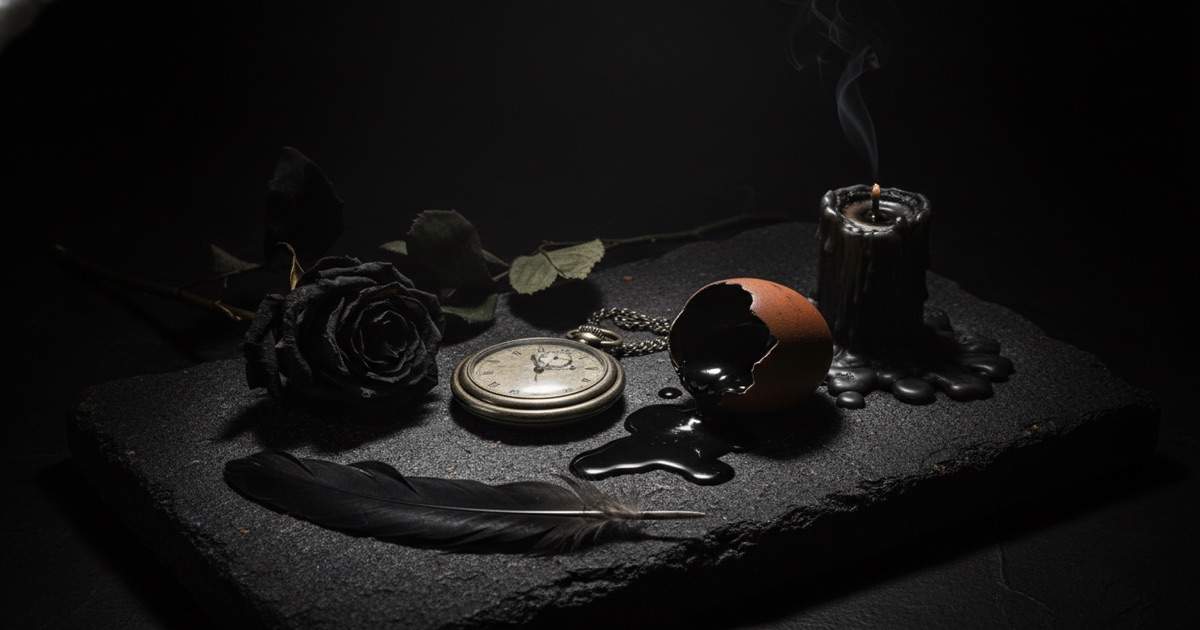 Symptômes visuels d'une malédiction — montre arrêtée, rose fanée, œuf brisé, bougie consumée Objets symbolisant les symptômes d'une malédiction disposés dramatiquement sur surface sombre : montre à gousset arrêtée, rose aux pétales noircis qui se fane, œuf craquelé avec contenu sombre s'écoulant, moignon de bougie consumé, plume noire solitaire