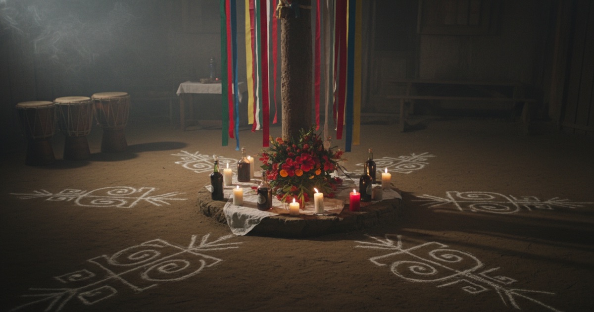 Intérieur d'un hounfor haïtien — poteau-mitan, autel d'offrandes et vèvè cérémoniels Intérieur d'un hounfor (temple vaudou) haïtien — le poteau-mitan central décoré de rubans colorés, autel de pierre avec offrandes (bouteilles de rhum, bougies, fleurs), vèvè dessinés en poudre blanche sur le sol de terre battue, tambours dans le coin en arrière-plan flou
