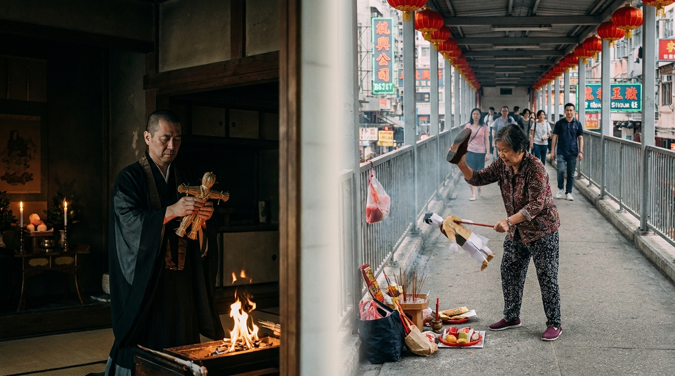 Japanese curse proxy vs Hong Kong Da Siu Yan — dark shadowy room on left, bright bridge with ritual practitioner beating paper effigy on right