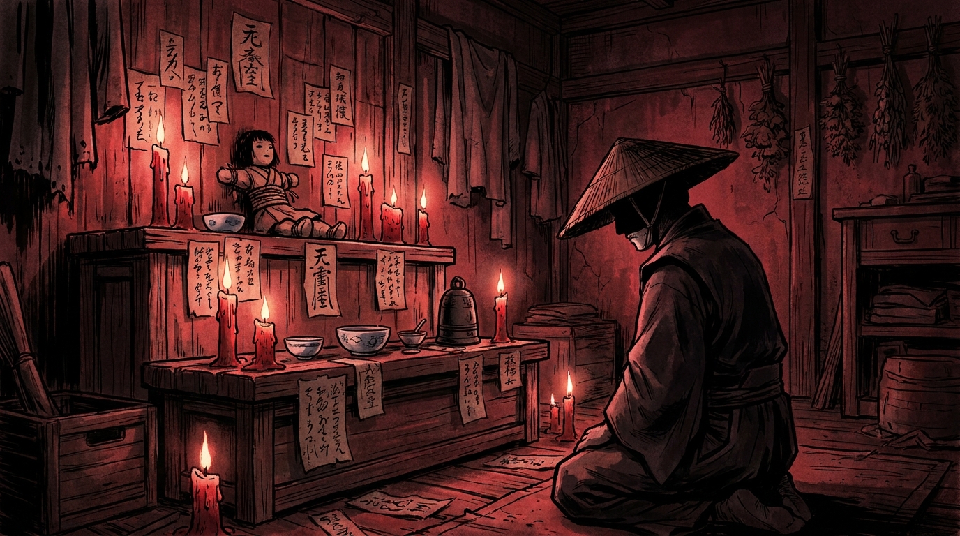 Dark illustration of Japanese curse proxy service — altar with candles, talismans, and ritual objects in dim red candlelight