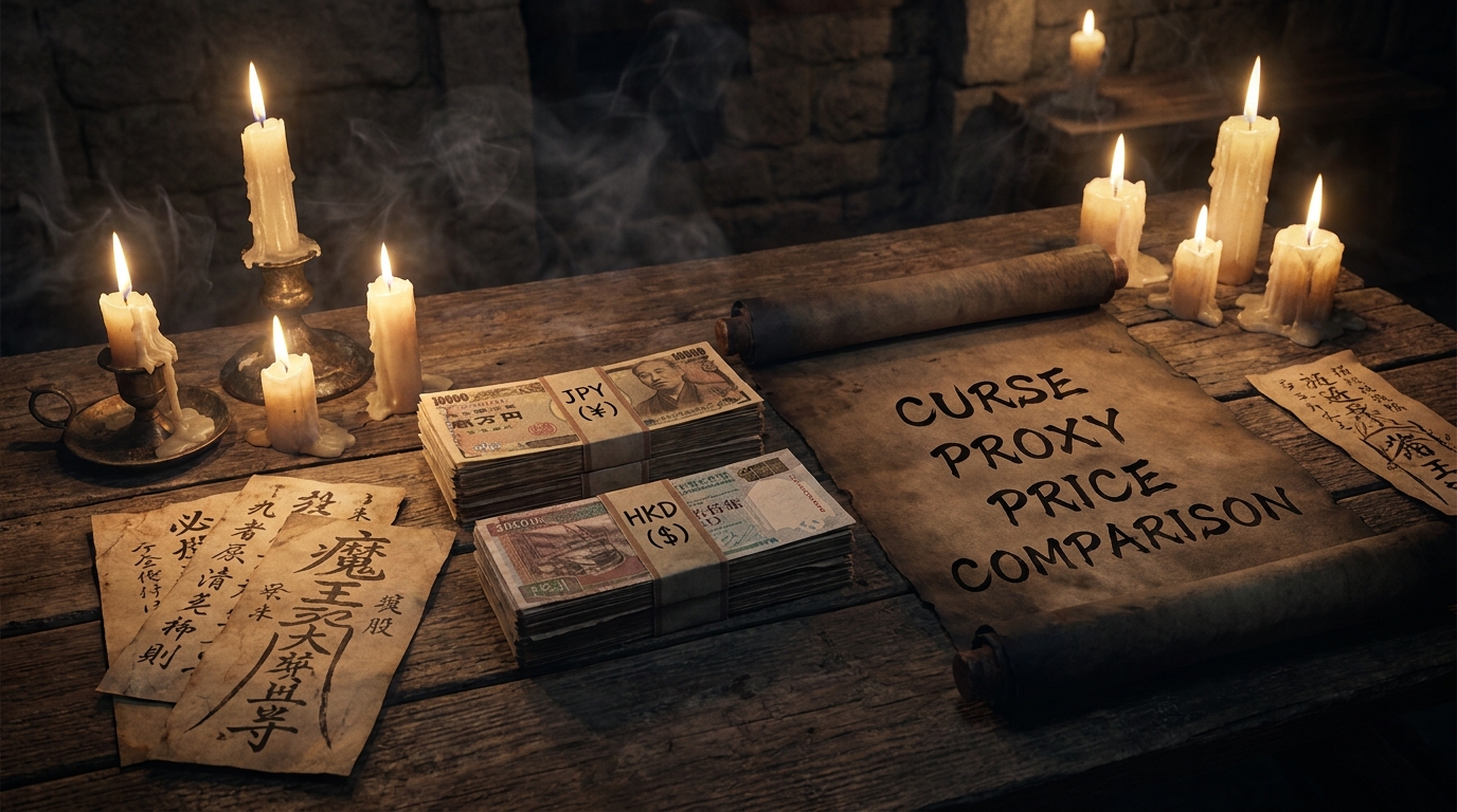 Curse proxy price comparison — Japanese yen and Hong Kong dollars with candles and paper talismans in dark atmospheric scene