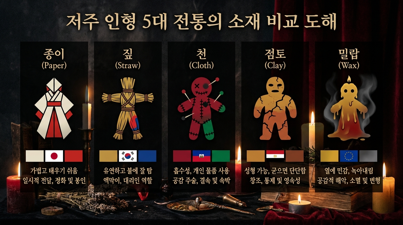저주 인형 5대 전통의 소재 비교 도해 — 종이·짚·천·점토·밀랍의 재료별 특성과 문화적 의미를 어두운 배경에 5열로 비교한 인포그래픽, 각 인형 실루엣과 국기 색상