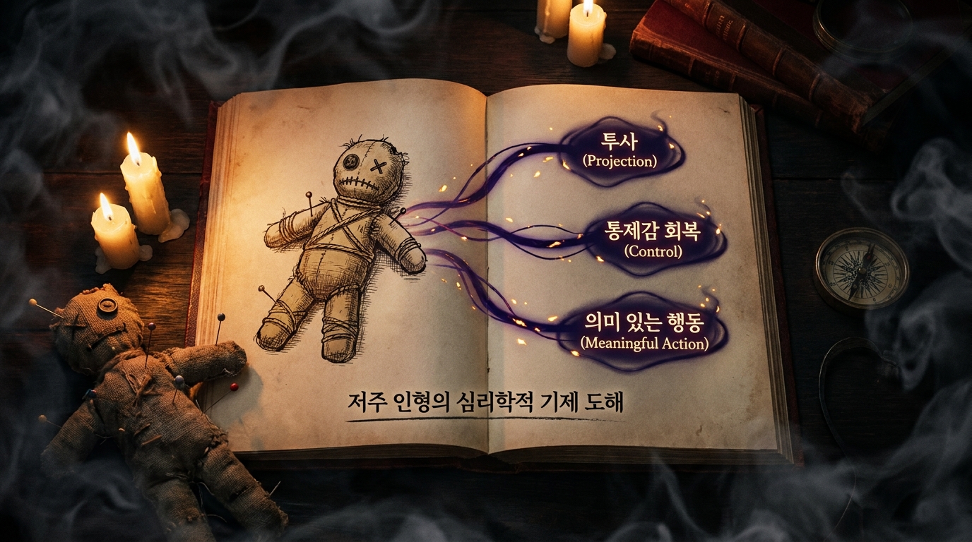 저주 인형의 심리학적 기제 도해 — 투사(Projection), 통제감 회복, 의미 있는 행동의 3가지 심리 기능이 인형을 매개로 어떻게 작동하는지 보여주는 다이어그램, 어두운 배경에 보라색과 청색의 흐름도