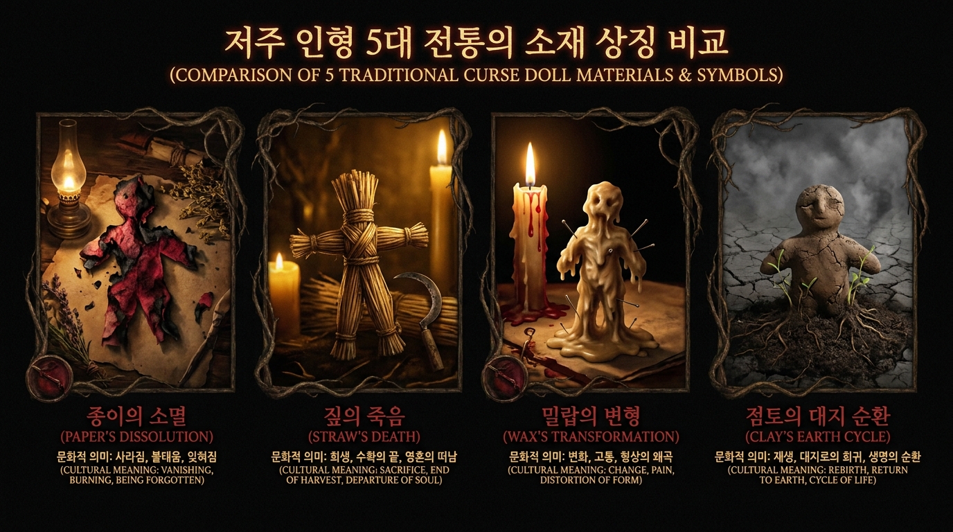 저주 인형 5대 전통의 소재 상징 비교 — 종이의 소멸, 짚의 죽음, 밀랍의 변형, 점토의 대지 순환을 각 소재별 문화적 의미와 함께 도해한 인포그래픽