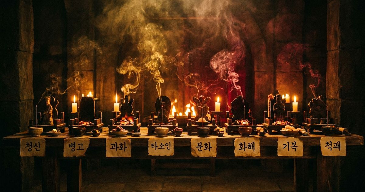 다샤오옌 팔부곡 8단계 전통 의식 절차를 시각화한 그림, 왼쪽부터 청신, 병고, 과화, 타소인, 분화, 화해, 기복, 척괘까지의 전 과정이 어두운 배경에 붉은 불꽃과 금빛 향 연기로 표현됨