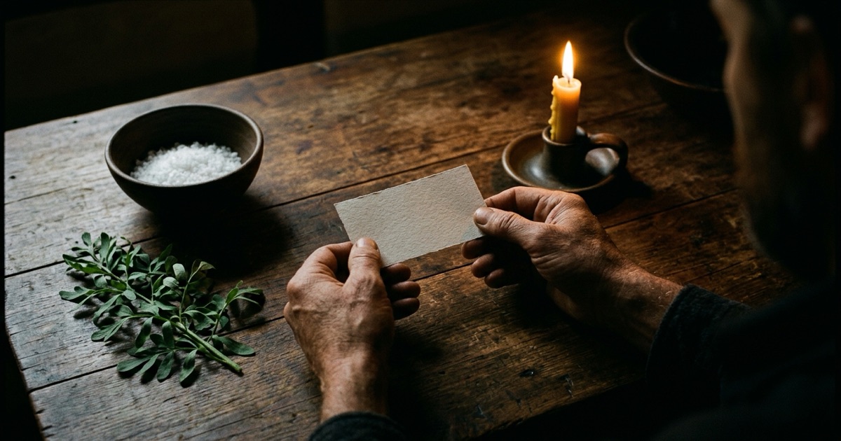 Mãos segurando um pequeno papel em branco sobre uma mesa de madeira escura, ao lado de uma vela acesa, uma tigela de sal grosso e um ramo de arruda