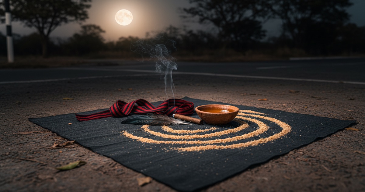 Ebó de Umbanda/Quimbanda em encruzilhada — pena de galinha preta, charuto, fita vermelha e preta, farofa salpicada em padrão ritual, tigela de barro com azeite de dendê, luz do luar criando atmosfera mística
